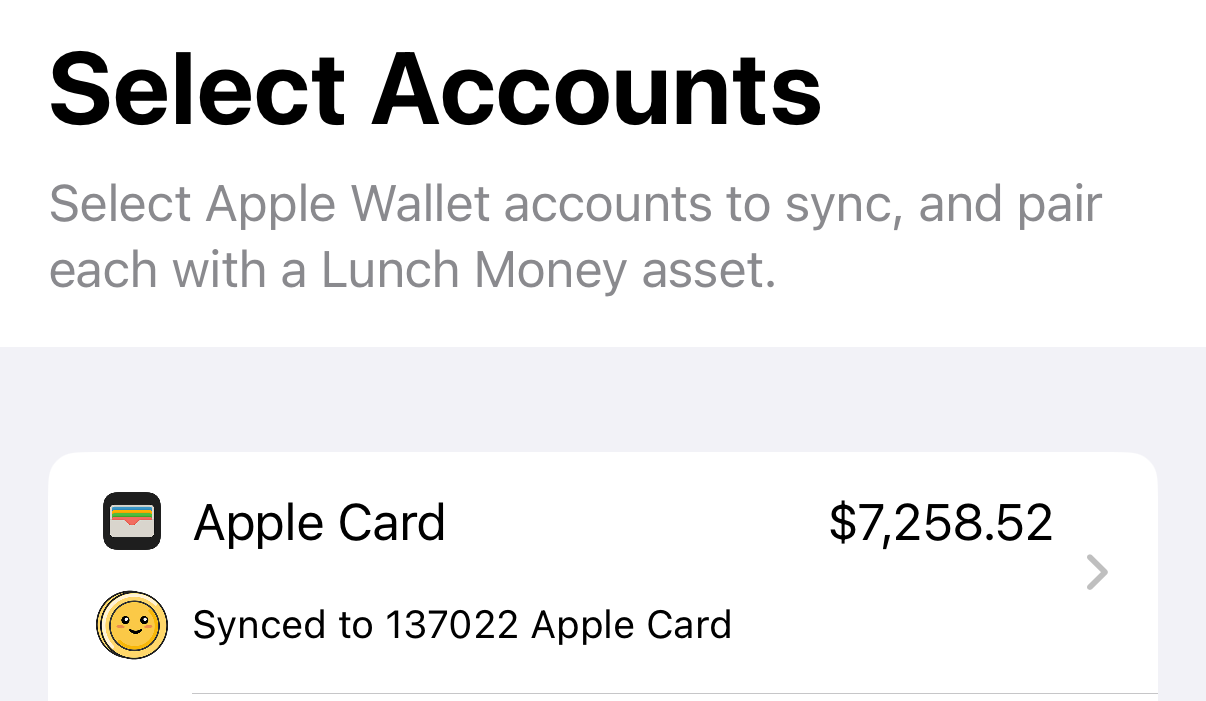 Wallet accounts paired with Lunch Money assets