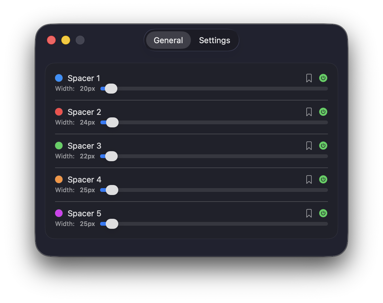 Five spacers configured in the menubar