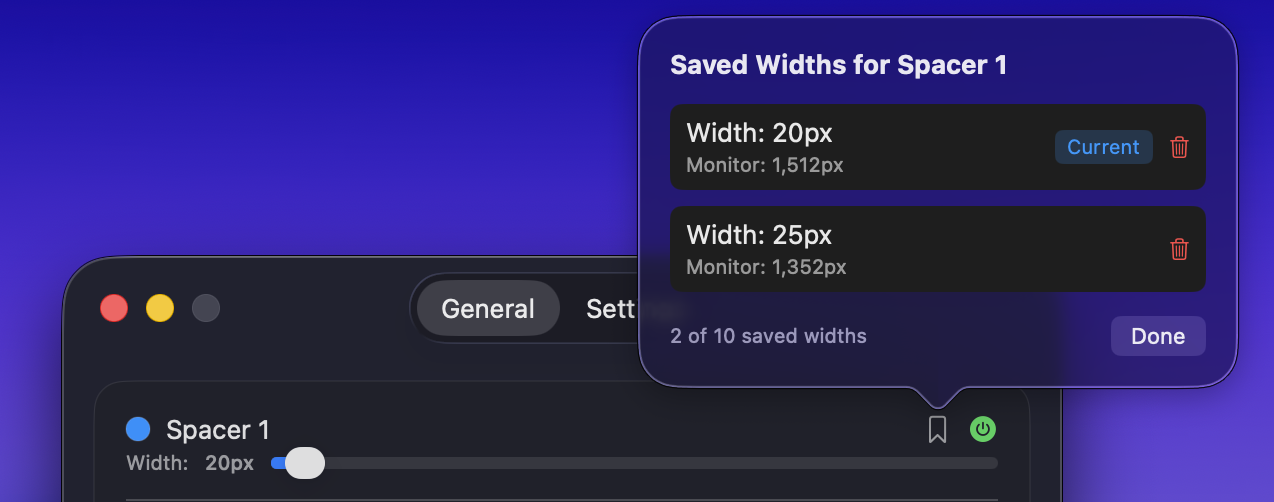 Saved spacer widths per display